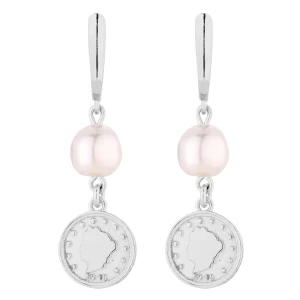 Srebrne długie kolczyki z monetami i perłami SWAROVSKI® CRYSTAL SOTHO