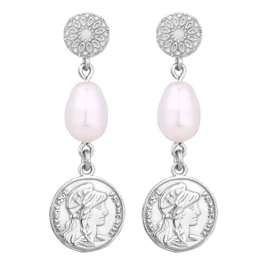 Srebrne długie kolczyki z monetami i perłami SWAROVSKI® CRYSTAL SOTHO