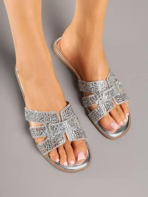 Srebrne Klapki na Płaskiej Podeszwie z Cyrkoniową Cholewką z Wycięciami Voelina marquiiz