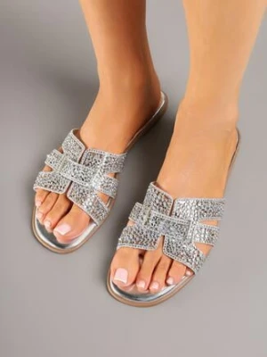 Srebrne Klapki na Płaskiej Podeszwie Zdobione Cyrkoniami Volica marquiiz