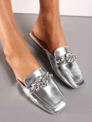 Srebrne Klapki z Kryształkami i Kwadratowym Noskiem Eiremena