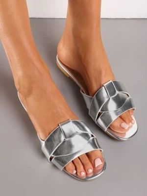 Srebrne Klasyczne Klapki Płaskie ze Skrzyżowanymi Paskami Riceldia