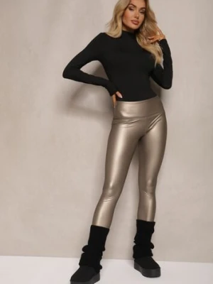 Srebrne Legginsy z Imitacji Skóry High Waist z Polarem Selabra defox