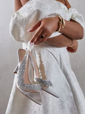 Srebrne Przezroczyste Sandały na Szpilce Vices ze Skórzaną Wkładką i Cyrkoniami Oviassa