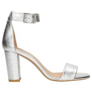 Eleganckie srebrne sandały damskie na slupku 76028-57 Wojas