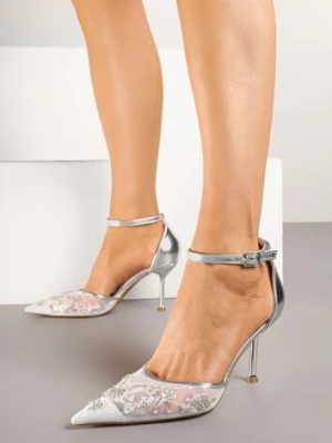 Srebrne Sandały z Transparentną Siateczką i Cekinami na Szpilce z Zapięciem wokół Kostki Olithwena mellisa