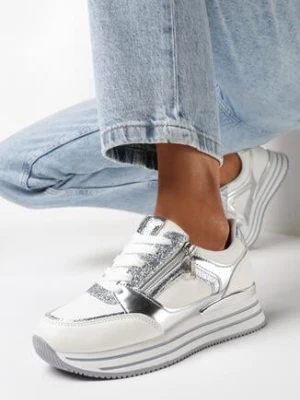 Srebrne Sneakersy na Grubej Podeszwie z Brokatem i Metalicznymi Wstawkami Aeliss