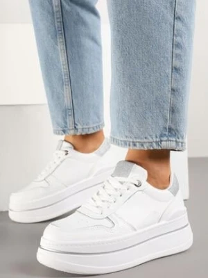 Biało-Srebrne Sneakersy na Grubej Podeszwie z Napisem i Brokatem Odivena