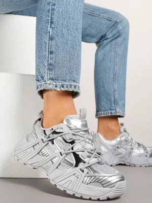 Srebrne Sneakersy na Platformie z Geometrycznym Wzorem Eledisa