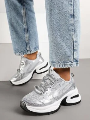 Srebrne Sneakersy Streetwearowe na Grubej Podeszwie Zdobione Brokatem Felanwea