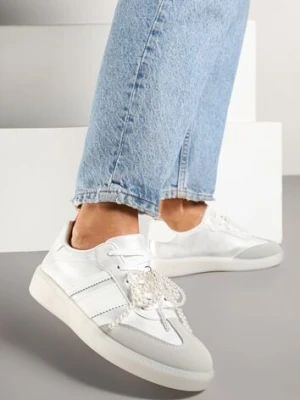 Srebrno-Szare Sneakersy Typu Kultowe Tenisówki ze Zdobieniem z Perłami Nalavia