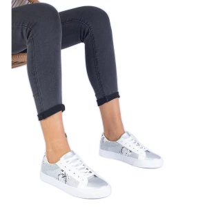 Srebrne sneakersy ze zwierzęcym motywem zdobione brokatem srebrny