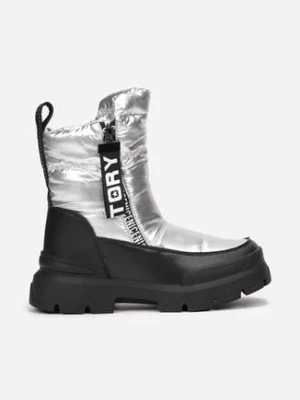 Srebrne Śniegowce Metaliczne Pikowane z Taśmami Lelle