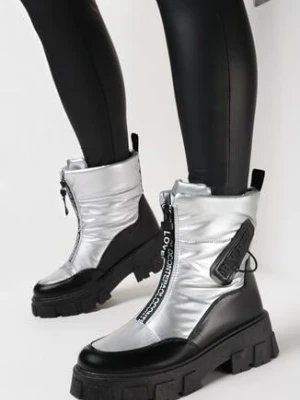 Srebrne Śniegowce na Płaskiej Podeszwie z Zamkiem z Przodu i Napisem Bulluna