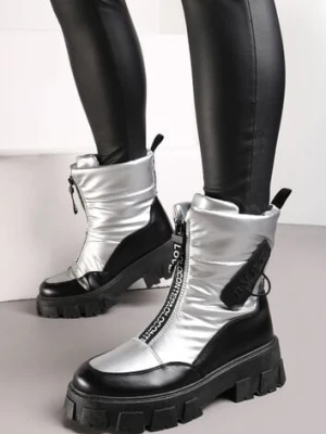 Srebrne Śniegowce z Ekoskóry z Ozdobnym Suwakiem i Napisem Veneria