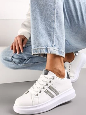 Biało-Srebrne Sznurowane Sneakersy z Imitacji Skóry Ozdobione Paskami z Cyrkoniami Isolinna