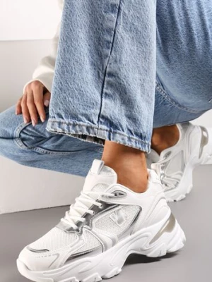 Biało-Srebrne Sznurowane Sneakersy z Siateczką i Wycięciami Solenare