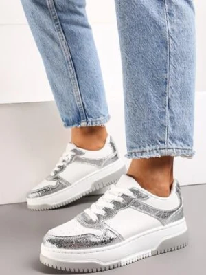Srebrno-Białe Sneakersy na Grubej Podeszwie z Ozdobnymi Wstawkami Uvunna