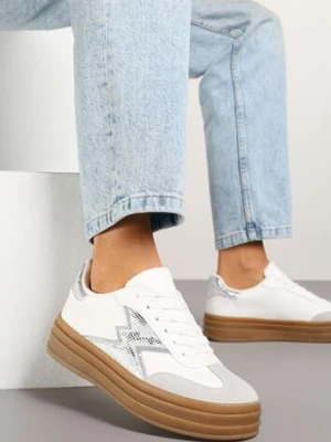 Srebrno-Białe Sneakersy w Stylu Tenisówek Ozdobione Geometrycznym Wzorem Tolivanna