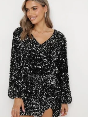 Srebrno-Czarna Bluzka Wykończona Ściągaczem na Dole z Cekinami i Trójkątnym Dekoltem Preozja retro & icone