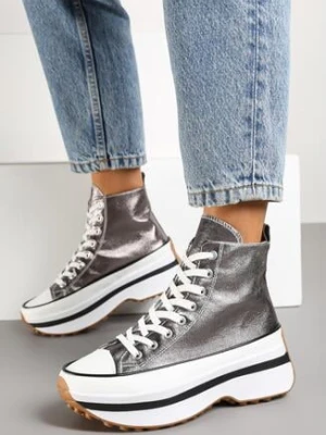 Srebrno-Szare Trampki na Grubej Podeszwie z Wysoką Cholewką i Sznurowaniem Ezelavia