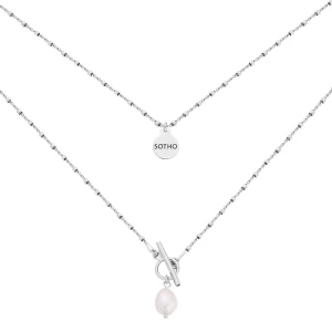 Srebrny kosteczkowy naszyjnik z ozdobnym zapięciem i perłą : Długość - 41,5 cm SOTHO