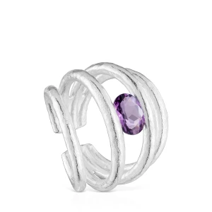 Srebrny Otwarty Pierścionek Z Ametystem Duna - Tous
