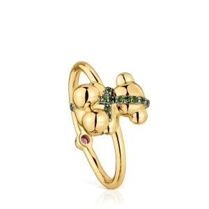 Średni Pierścionek Z Misiem Ze Srebra Pokrytego 18-Karatowym Złotem, Z Rodolitem Lligat - Tous Rozmiar