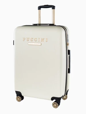 Średnia biała walizka z eleganckim napisem  Puccini
