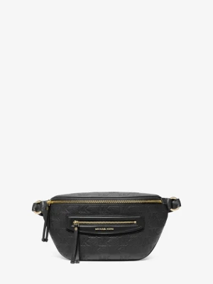 Średnia skórzana podróżna torba kurierska Jet Set z wytłoczonym logo Michael Kors CZARNY (Czarny)
