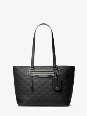 Średnia skórzana podróżna torba tote Jet Set z wytłoczonym logo Michael Kors CZARNY (Czarny)
