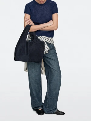 Średnia Torba Shopper Ze Skóry Zamszowej - Granatowy - - Massimo Dutti - Kobieta
