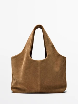 Średnia Torba Shopper Ze Skóry Zamszowej - Piaskowy - - Massimo Dutti - Kobieta
