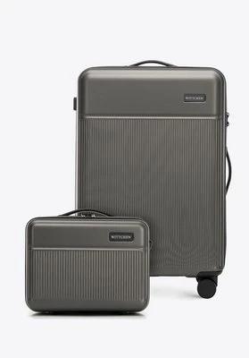 Średnia walizka i kosmetyczka z ABS-u z pionowymi paskami szare Wittchen