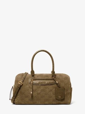 Średnia zamszowa podróżna torba Jet Set typu worek do przewieszenia przez ramię z wytłoczonym logo Michael Kors LODEN (Zielony)