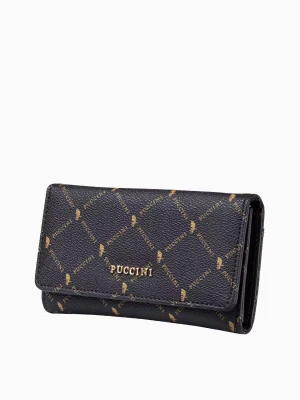 Średniej wielkości brązowy portfel damski logowany ze skóry ekologicznej Puccini