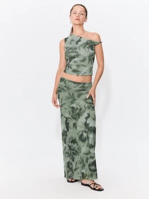 Stradivarius Asymetryczna koszulka z wzorzystego tiulu  Khaki