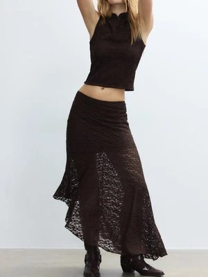 Stradivarius Asymetryczna koronkowa spódnica midi  Brązowy