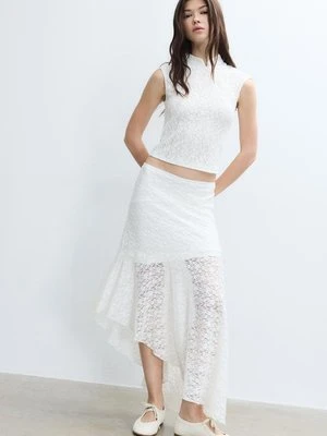 Stradivarius Asymetryczna spódnica midi z koronki  Ecru