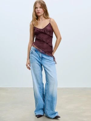 Stradivarius Asymetryczny top z koronki z falbanami  Fioletowy