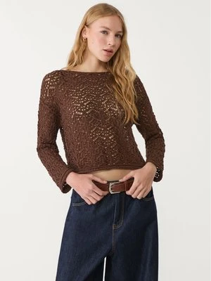 Stradivarius Ażurowy sweter z dekoltem łódką  Brązowy