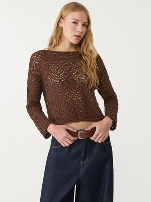 Stradivarius Ażurowy sweter z dekoltem łódką  Brązowy