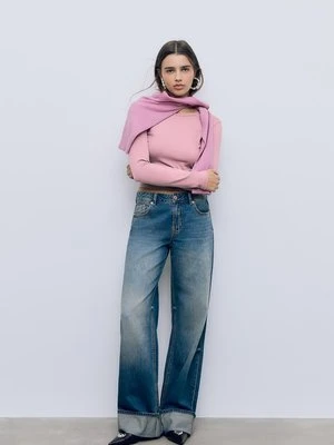 Stradivarius Bawełniana koszulka basic z długim rękawem  Różowy