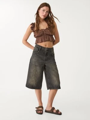 Stradivarius Bermudy jeansowe baggy  CZARNY DENIM Z EFEKTEM SPRANIA