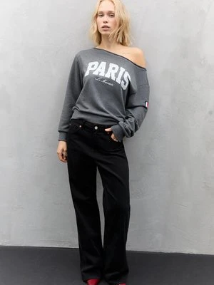 Stradivarius Bluza z nadrukiem i odkrytym ramieniem  Ciemnoszary