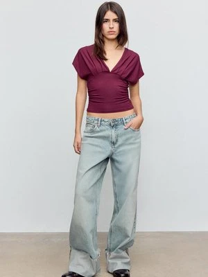 Stradivarius Bluzka marszczona z dekoltem w serek  Fioletowy