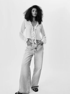 Stradivarius Bluzka z haftowanymi falbanami i ćwiekami  Waniliowy