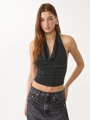 Stradivarius Top halter z połyskiem  Czarny