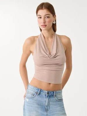 Stradivarius Błyszczący top halter  Pudrowy róż