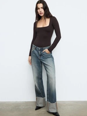 Stradivarius Body z poliamidu z dekoltem kwadratowym  Brązowy